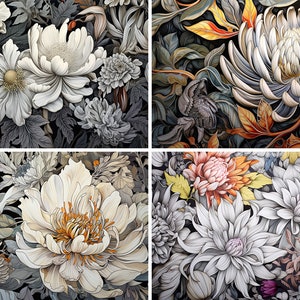 May include: A digital illustration of a floral pattern with white, gray, and orange flowers on a black background.