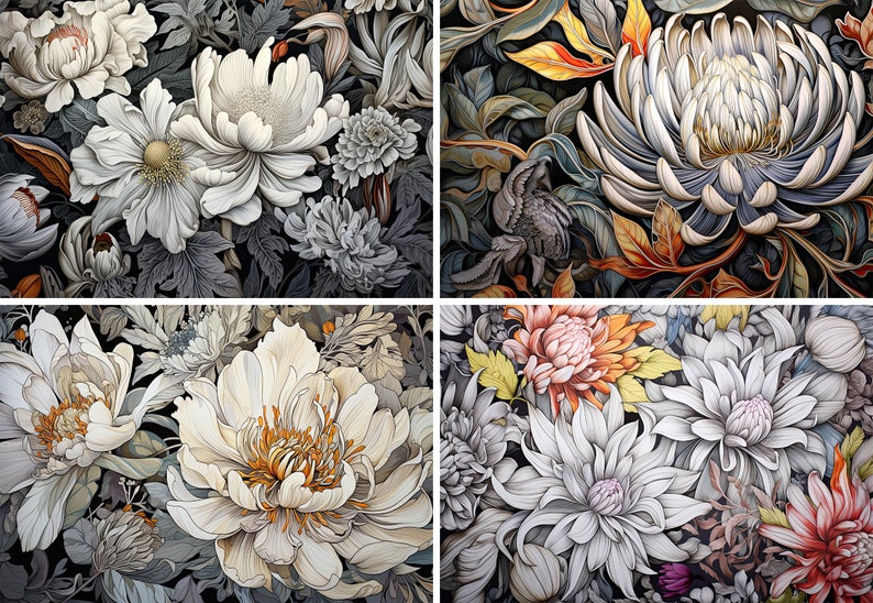 May include: A digital illustration of a floral pattern with white, gray, and orange flowers on a black background.