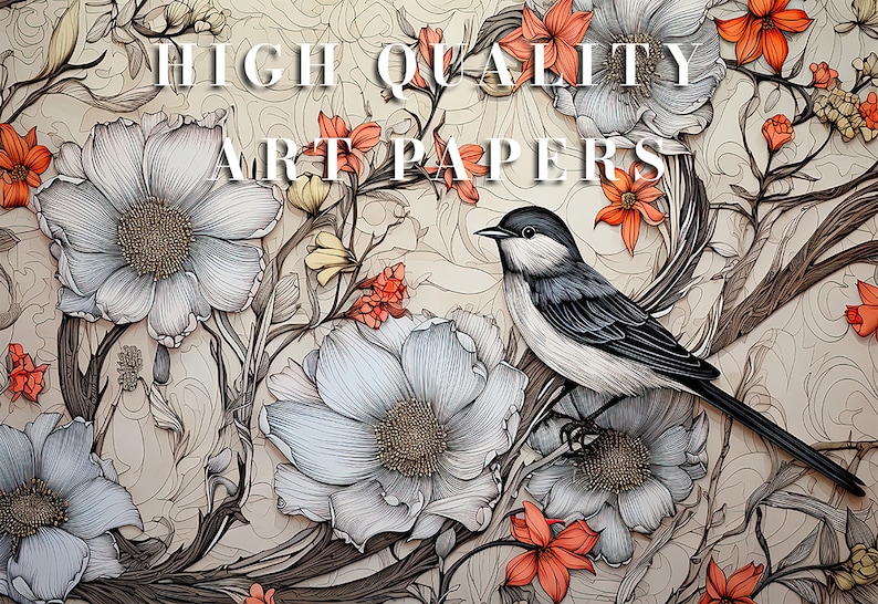May include: A black and white bird perched on a branch with delicate white flowers and orange flowers. The text "HIGH QUALITY ART PAPERS" is in the upper center of the image.