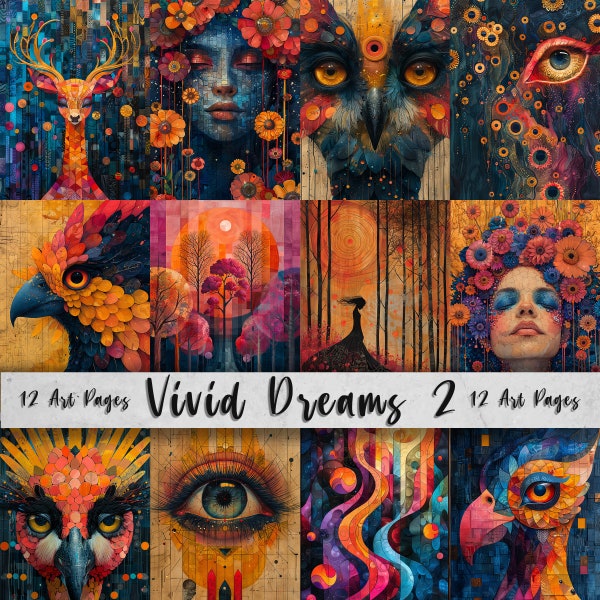 Vivid Dreams Printable Art Pages 2: Whimsical Art Pack, Quirky Digital Paper, Trendy Scrapbooking Images, Junk Journal Art, Gift for Women