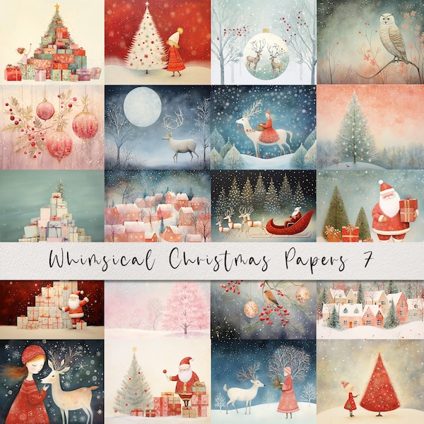 Whimsical Christmas Printable Art Pages | Digital Download JPG Paper Set| PNG sublimation | Elegant Digital Paper | Retro Santa Claus