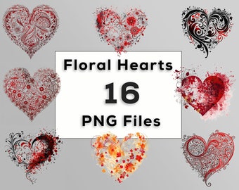 16 Floral Hearts Png Pack, Valentines Day Png, Heart Png Bundle, Love Png, Flowers Png, Watercolor Floral Clip Art, Flower Heart Sublimation