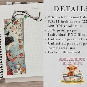 May include: A digital art print featuring a whimsical illustration of a woman in a red dress holding a teacup. The print is available in two sizes: 2x6 inches for a bookmark and 8.5x11 inches for a printable sheet. The print is 300 DPI resolution and comes in JPG and PNG formats.
