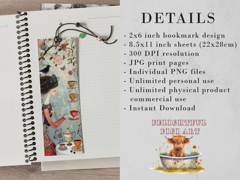 May include: A digital art print featuring a whimsical illustration of a woman in a red dress holding a teacup. The print is available in two sizes: 2x6 inches for a bookmark and 8.5x11 inches for a printable sheet. The print is 300 DPI resolution and comes in JPG and PNG formats.