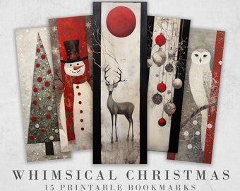 15 Whimsical Christmas Printable Bookmarks| Digital Download JPG Bookmark Sheets | Retro Xmas | Stocking Filler| DIY Gift Idea| Abstract Art
