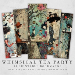 Marcadores imprimibles caprichosos de la fiesta del té, 15 peculiares collage de medios mixtos/sublimación PNG, tazas de té y platillos, efímero vintage, álbum de recortes