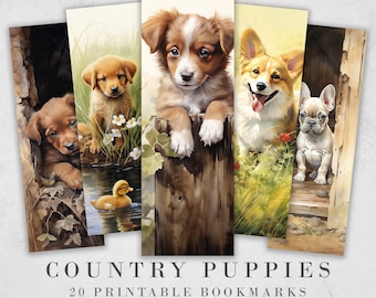 20 Cute Country Puppy Printable Bookmarks | Digital Download JPG Bookmark Set| PNG bookmark sublimation | Whimsical bookmarks | Fussy Cuts
