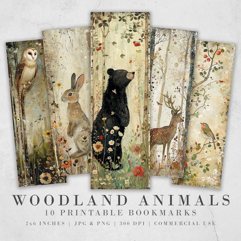 May include: Set of 10 printable bookmarks featuring woodland animals. Each bookmark is 2x6 inches and features a different animal, including a barn owl, rabbit, black bear, deer, and a robin. The bookmarks are designed in a vintage style with a light brown background and colorful floral accents.