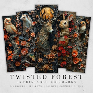15 Segnalibri stampabili Foresta contorta/ Fogli segnalibri animali eccentrici/ Sublimazione segnalibri PNG/ Segnalibri digitali Creature stravaganti