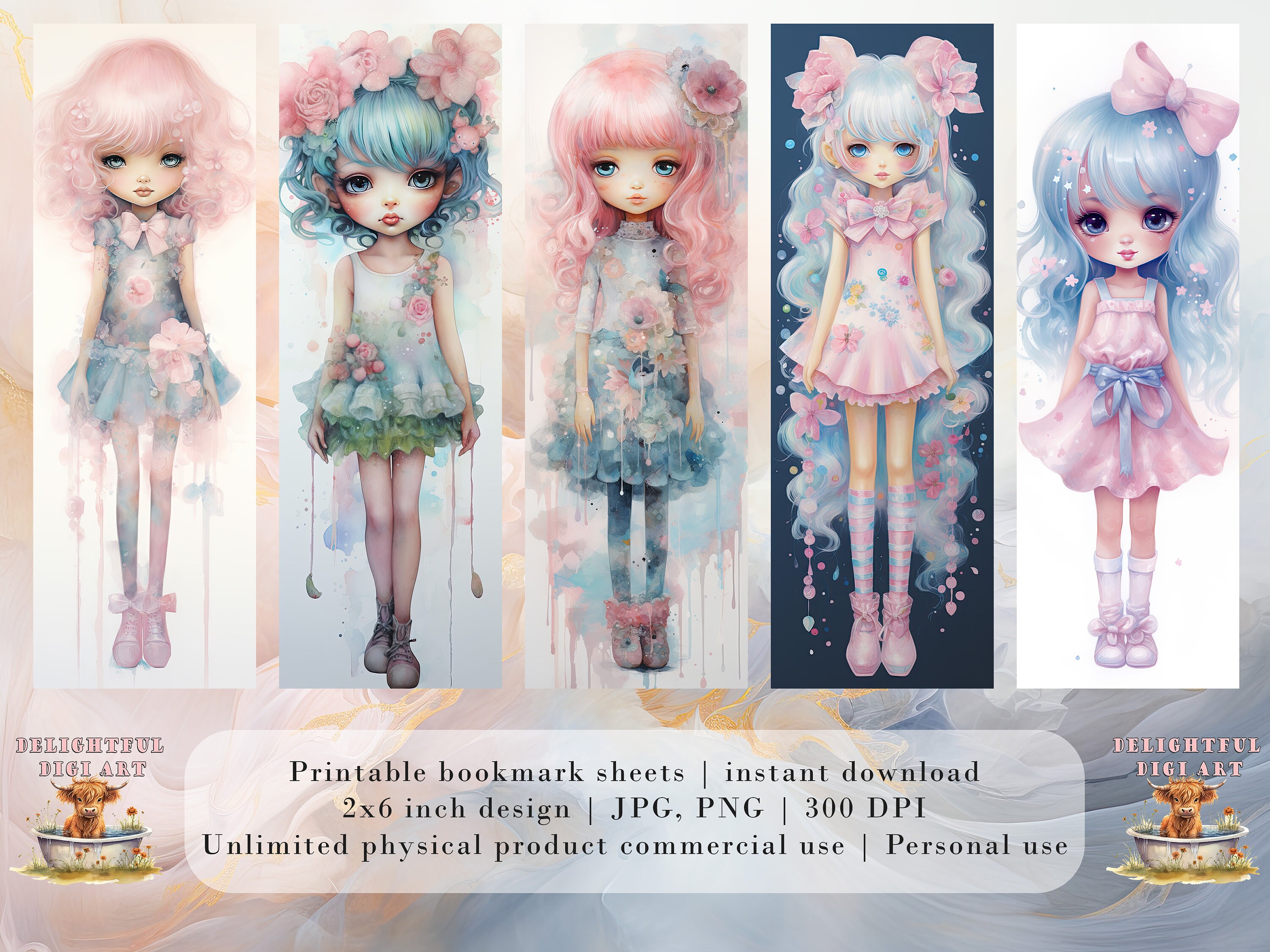 10 Pastel Girls Watercolor Printable Bookmarks | Digital Download JPG ...