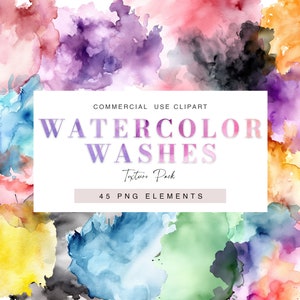 May include: A digital download of 45 watercolor wash PNG elements for commercial use. The image shows a variety of colourful washes in shades of pink, purple, blue, green, yellow, and orange.