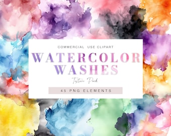 Watercolor Washes Clipart, Watercolour Textures for Backgrounds, PNG Bundle, Commercial Use, Watercolor Shapes and Splashes,