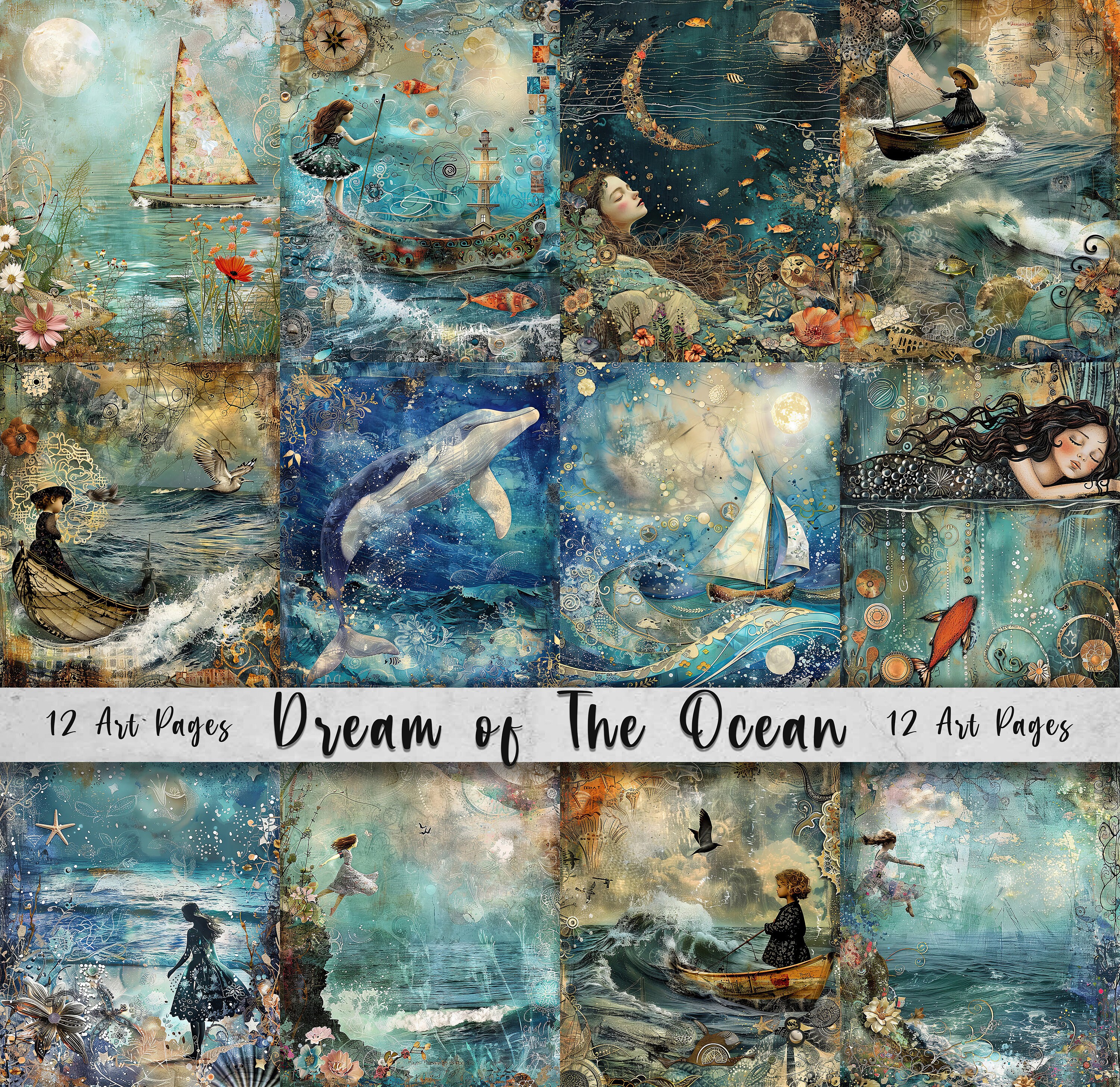 Dream of the Ocean Printable Art Pages, Quirky Digital Scrapbook, Mixed Media Junk Journal DIY Card Making, Whimsical Sea Side, Whale, Boat