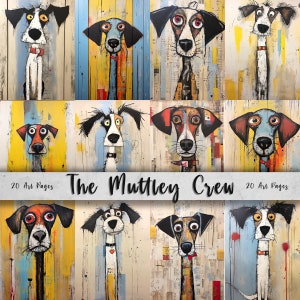 The Muttley Crew Páginas de arte imprimibles/ Conjunto de papel de descarga digital/ Papel digital caprichoso/ Perros extravagantes/ Mutts de medios mixtos/ Arte de diario basura