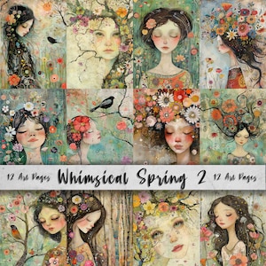 Whimsical Spring 2 Printable Art Pages, Quirky Art Pack, Kwiaty, Drzewa, Ptaki, Ogród, Sztuka ścienna dla dziewcząt, Pomysł na prezent rzemieślniczy, Zestaw Junk Journal