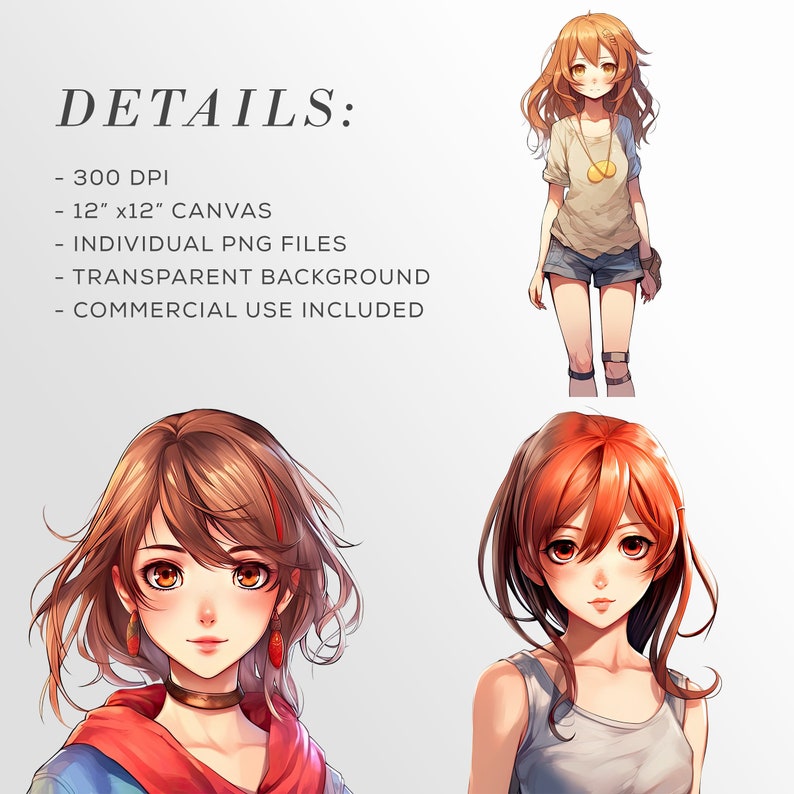 Op de afbeelding: Drie digitale illustraties van anime-vrouwen met verschillende kapsels en kleding. De illustraties hebben een transparante achtergrond.