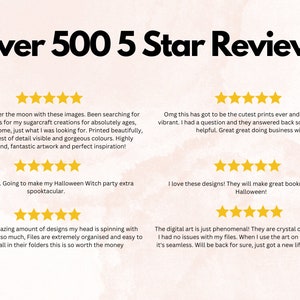 May include: Five star reviews for digital art prints. The reviews highlight the quality, speed of delivery, and customer service. The text includes the phrase "Over 500 5 Star Reviews".