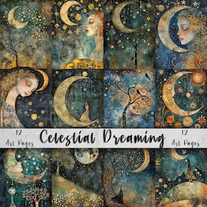 Páginas de arte para impressão do Celestial Dreaming | Pacote de arte extravagante | Papel digital peculiar | Imagens de álbum de recortes com tema lunar e arte de diário indesejado