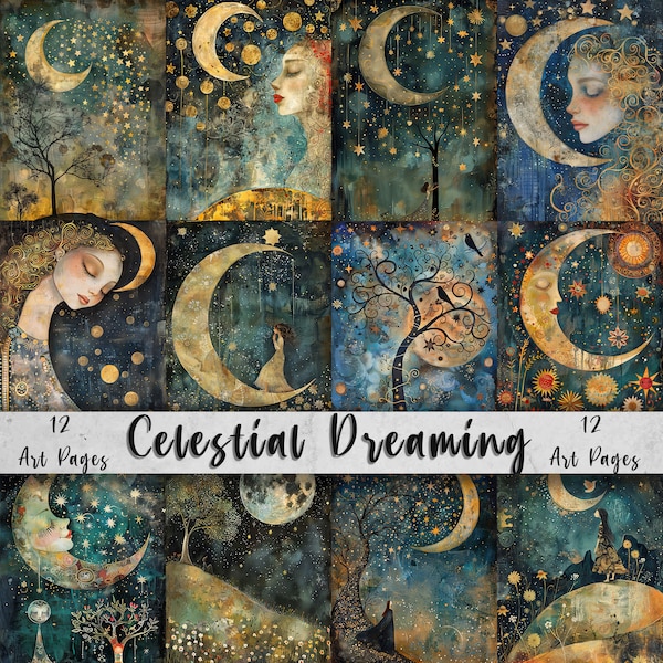 Celestial Dreaming Printable Art Pages| Whimsical Art Pack | Quirky Digital Paper| Moon Themed Scrapbooking Images and Junk Journal Art