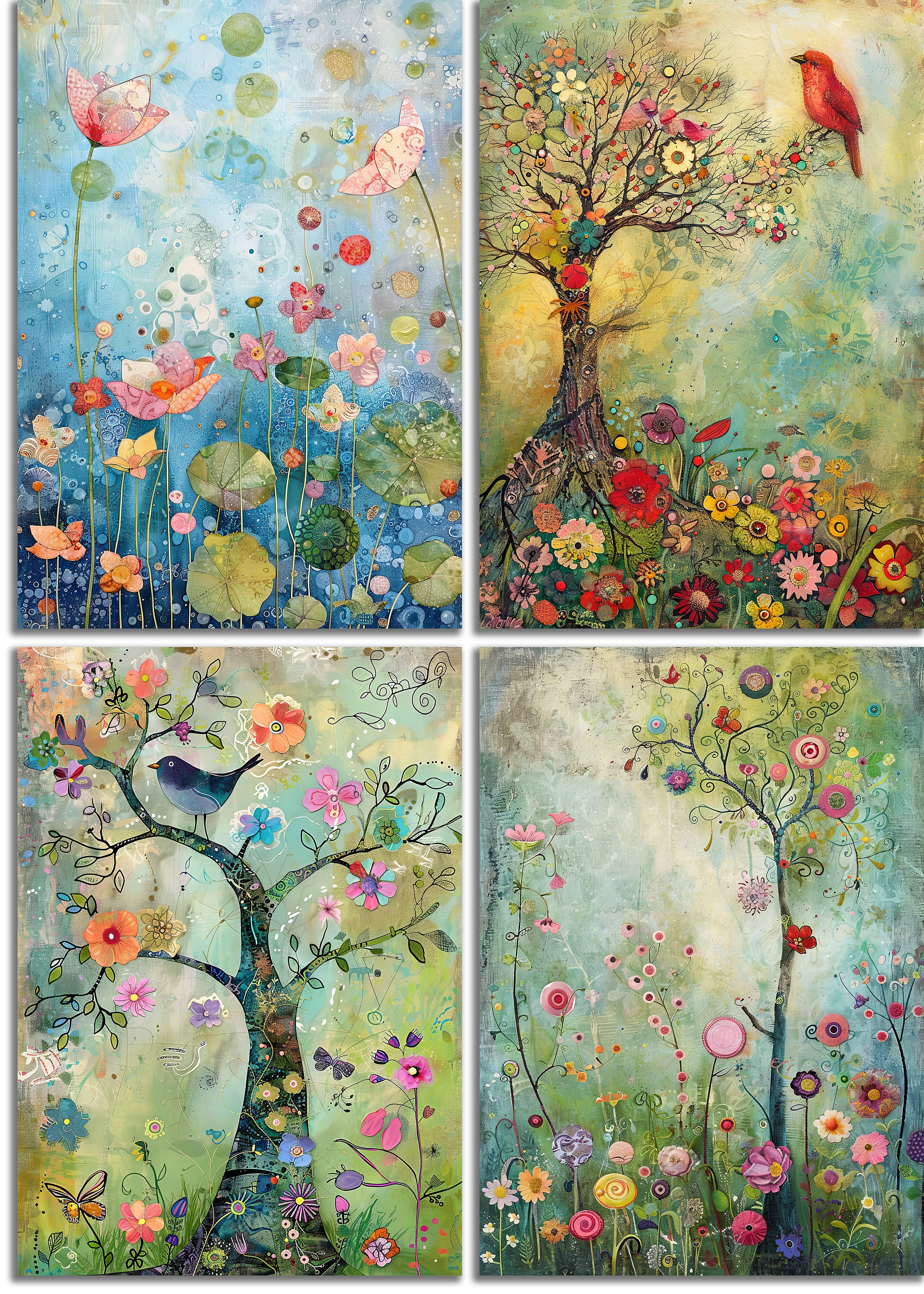 Whimsical Spring Printable Art Pages, Quirky Art Pack, Flowers, Trees ...