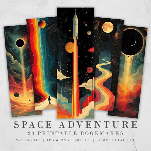 20 signets imprimables Aventure spatiale | Feuilles de signets de science-fiction| Marque-page PNG sublimation | Signets numériques vaisseau spatial| Arc-en-ciel céleste