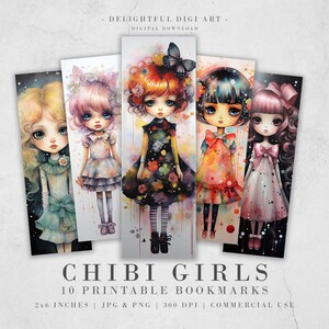 15 Chibi Girls Watercolor Printable Bookmarks | Digital Download JPG Bookmark Set PNG Bundle| Big Eyes sublimation bookmark set| Cute Girls