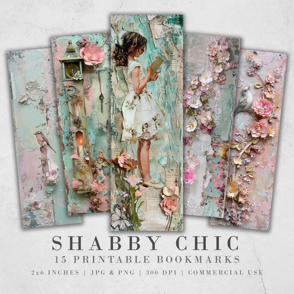 Shabby Chic Printable Bookmarks| 15 Paper Collage Themed Bookmarks| 3 JPG Sheets| PNG bookmark sublimation| Scrapbook Fussy Cuts| DIY Gift
