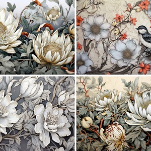 May include: A collage of four images featuring detailed illustrations of white flowers with intricate details. The flowers are surrounded by green leaves and branches, creating a botanical theme.