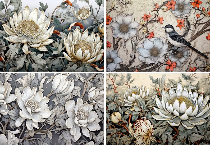 May include: A collage of four images featuring detailed illustrations of white flowers with intricate details. The flowers are surrounded by green leaves and branches, creating a botanical theme.