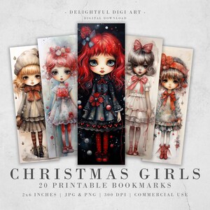 2O Navidad Chibi Girls Acuarela Imprimible Marcadores / Descarga Digital JPG Marcador Set / Marcador PNG / Marcadores de sublimación Big Eyes