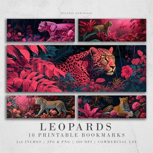 Puede incluir: Diez marcapáginas imprimibles con un leopardo en un entorno de jungla. Los leopardos están representados en una gama de colores rosa y rojo con un fondo oscuro. Los marcapáginas miden 5,1 cm por 15,2 cm y tienen una resolución de 300 DPI.