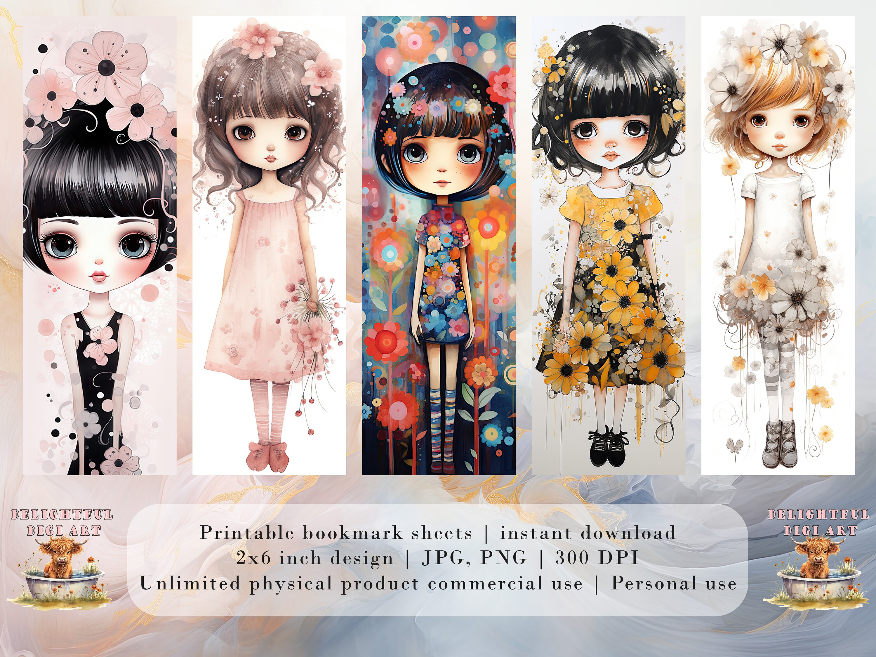 20 Flower Girls Watercolor Printable Bookmarks | Digital Download JPG ...