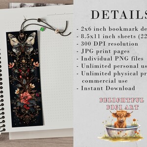 May include: A digital download of a printable bookmark design featuring a butterfly and floral pattern on a black background. The bookmark is 2 inches by 6 inches and is included in a set of 8.5 by 11 inch sheets at 300 DPI resolution. The design is available in both JPG and PNG formats.