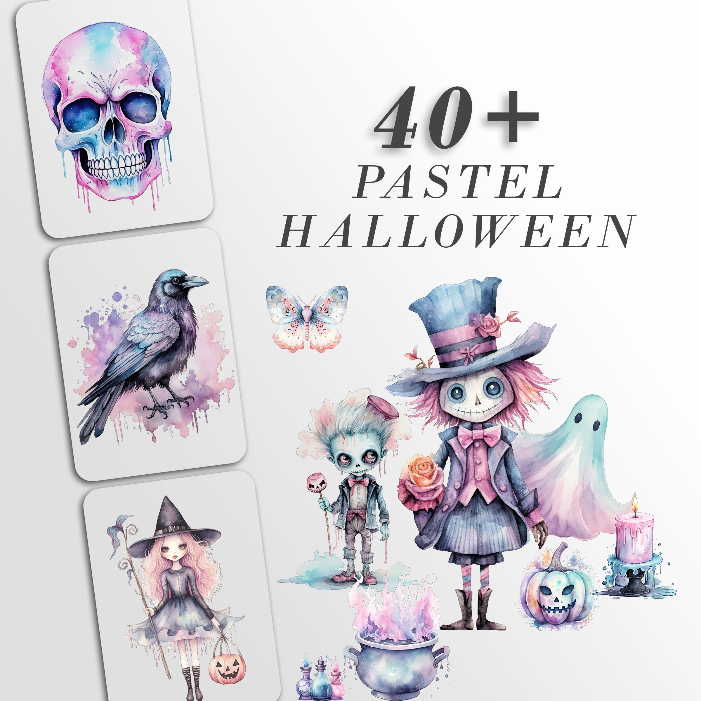 Pastel Halloween karakters Clipart: Pastel kunst voor ambachten en decor | PNG-bundel | Digitale download | Sublimatieontwerpen| Retro griezelige kunst