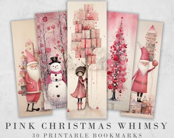 30 Cute Christmas Printable Bookmarks | Pink Whimsy Digital Download JPG Bookmark Set| PNG bookmark sublimation Whimsical X-Mas bookmark set