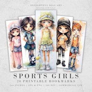 20 marcadores para impressão para meninas esportivas | Conjunto de marcadores JPG para download digital Pacote aquarela PNG | Conjunto de marcadores de sublimação Big Eyes | Garota Chibi