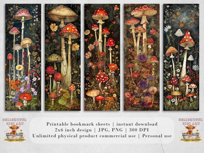 May include: Five printable bookmark designs featuring a whimsical forest scene with red and white mushrooms, flowers, and a dark background. The bookmarks are 2x6 inches and 300 DPI.