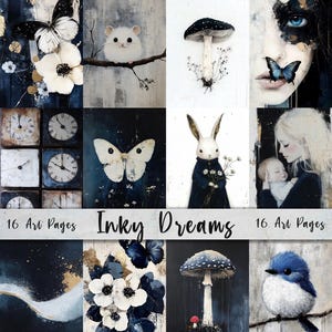 Pagine d'arte stampabili Inky Dreams/Set di carta da scaricare digitale/Carta digitale stravagante Tecnica mista Funghi, falene, arte del diario di spazzatura Creazione di biglietti