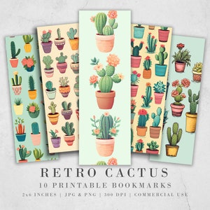 Segnalibri stampabili retrò cactus: fogli segnalibri fai da te JPG/set di sublimazione segnalibri PNG di 10/colori pastello/piante grasse in vaso