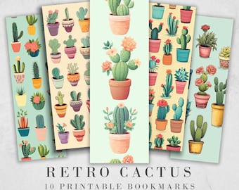 Retro Cactus Bookmarks: Pastel Succulents, Printable DIY (JPG, PNG)