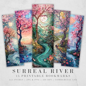 Segnalibri stampabili del fiume surreale/ 15 grafica paesaggistica stravagante/fogli JPG/sublimazione segnalibro PNG/fiore di ciliegio/idea regalo Girly