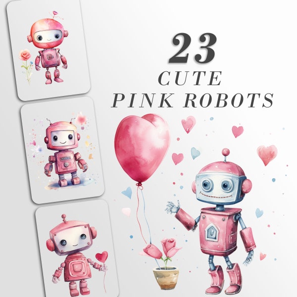 Cute Pink Robots Clipart:  Watercolor Robots for Crafts and Decor | PNG Bundle | Digital Download| Sublimation files| Birthday Invitation