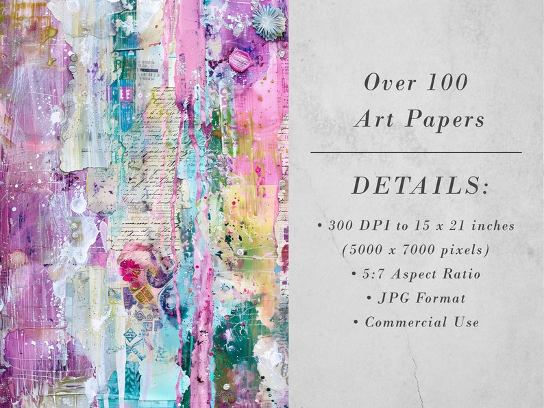 Puede incluir: M&aacute;s de 100 papeles digitales de arte en una variedad de colores y texturas. Los papeles son de 15 x 21 pulgadas, 300 DPI y tienen una relaci&oacute;n de aspecto de 5:7. Est&aacute;n en formato JPG y son para uso comercial.