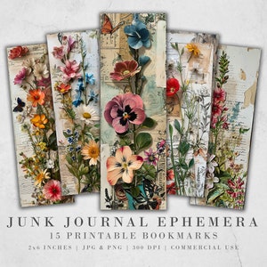 Marcadores para impressão de coisas efêmeras do Junk Journal | 15 marcadores florais vintage | Folhas JPG | Sublimação de marcadores PNG | Cortes complicados de álbum de recortes | Etiqueta faça você mesmo