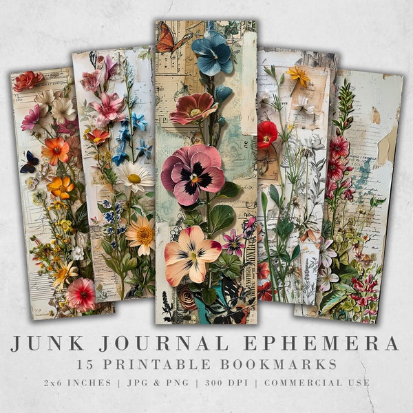 Signets imprimables Junk Journal Ephemera| 15 signets floraux vintage| Feuilles JPG| Sublimation de signet PNG| Coupes difficiles de scrapbooking| Étiquette de bricolage