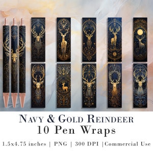 10 Navy & Gold Rentier Pen Wrap PNGs | Pen Wrap Sublimation Designs | Stift Waterslide Designs | Epoxy Pen Wraps | Weihnachts Design Pack