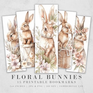 15 Blumen Häschen druckbare Lesezeichen| Digitaler Download JPG Lesezeichen Blätter | PNG Lesezeichen Sublimation | Osterhasen Geschenk für Mädchen