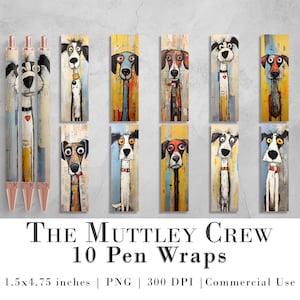 May include: Ten digital pen wraps featuring colourful, whimsical illustrations of dogs. Each wrap is 1.5 inches by 4.75 inches and is designed for commercial use.