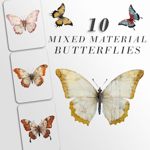 Puede incluir: Diez mariposas de materiales mixtos, incluyendo una mariposa amarilla con marcas negras, una mariposa rosa con marcas negras, una mariposa azul con marcas negras, una mariposa blanca con marcas amarillas y una mariposa marr&oacute;n con marcas naranjas. Las mariposas est&aacute;n dispuestas en un collage sobre un fondo blanco.