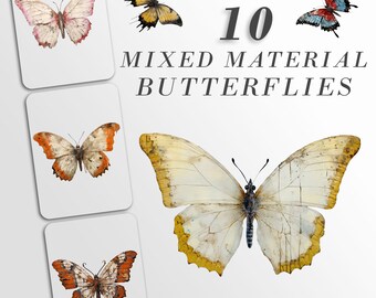 Mixed Media Whimsical Butterflies, Commercial Use, Whimsical Graphics, Quirky Clipart, PNG Pack of 10, Butterfly Clipart, Junk Journals Art